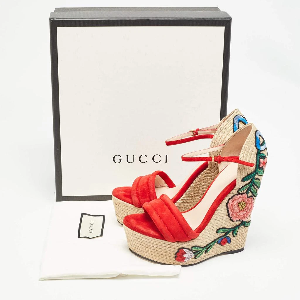 Gucci Gucci Red/Beige Suede Floral Embroidered Espadrille Wedge Platform Ankle Strap Sandals Size 37.5 10