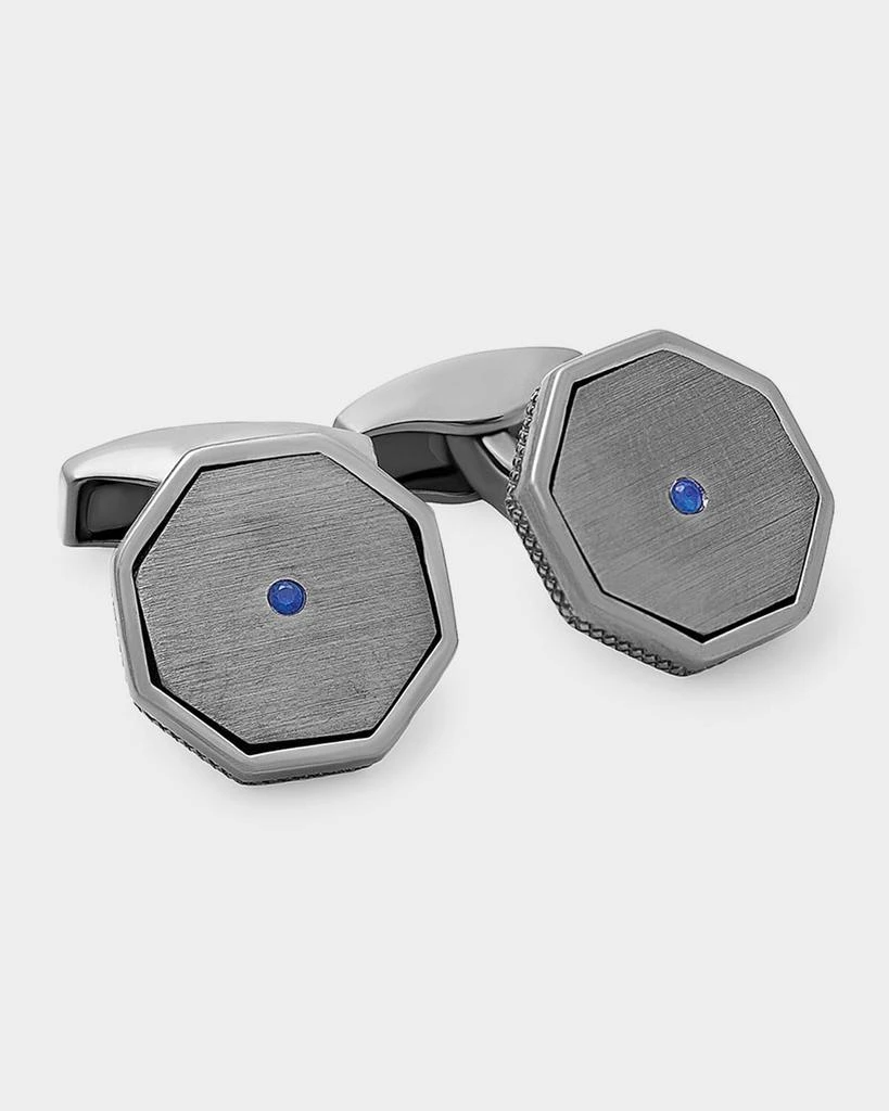 Tateossian Men
s Rhodium-Plated Silver and Blue Sapphire Octagonal Cufflinks 1