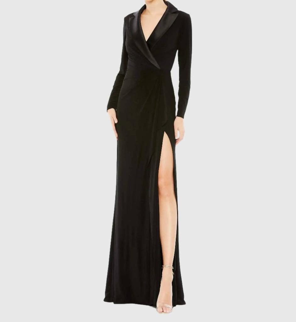 Ieena for Mac Duggal Long Sleeve Tuxedo Gown In Black