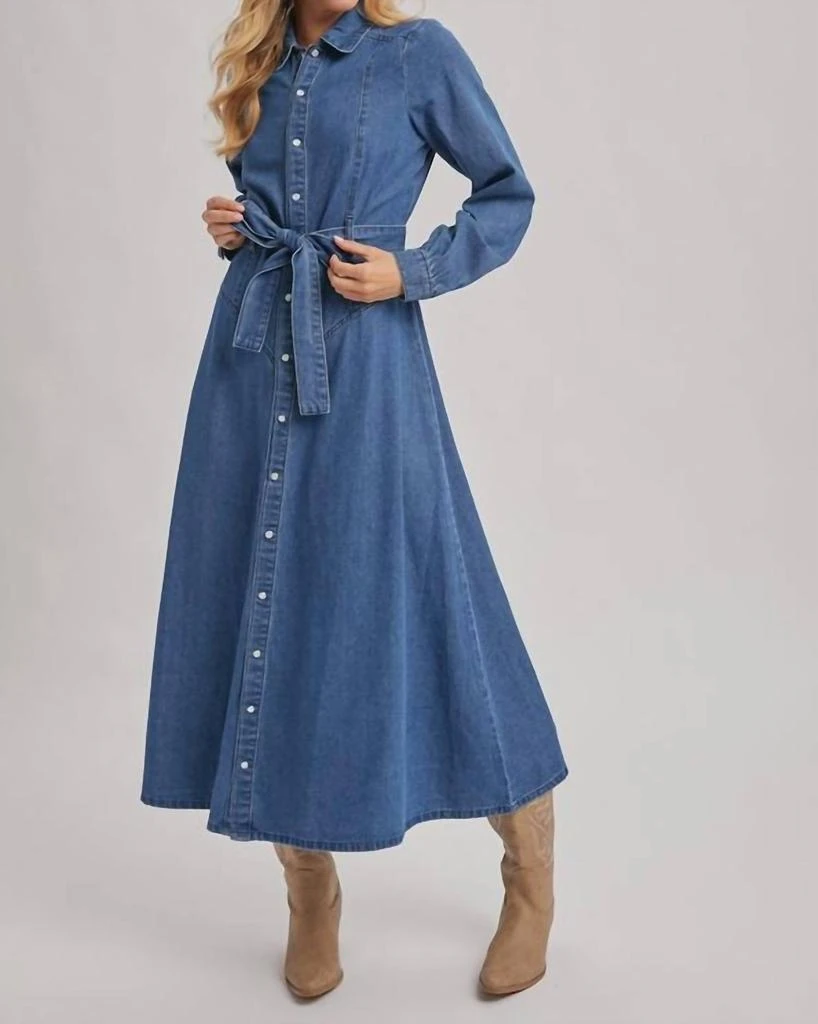 BluIvy Bluivy - Denim Button Down Belted Shirt A-line Maxi Dress 2