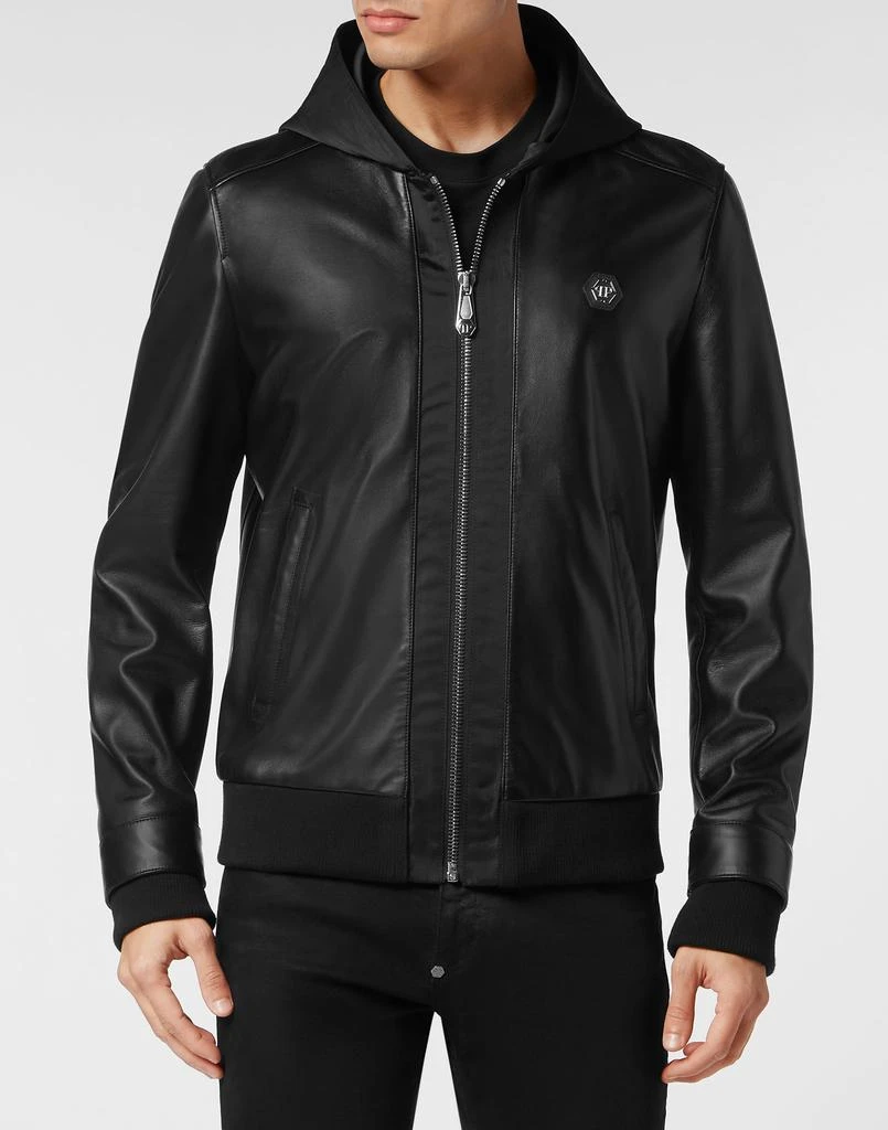 Philipp Plein Leather Hooded Bomber with Satin Inserts 3