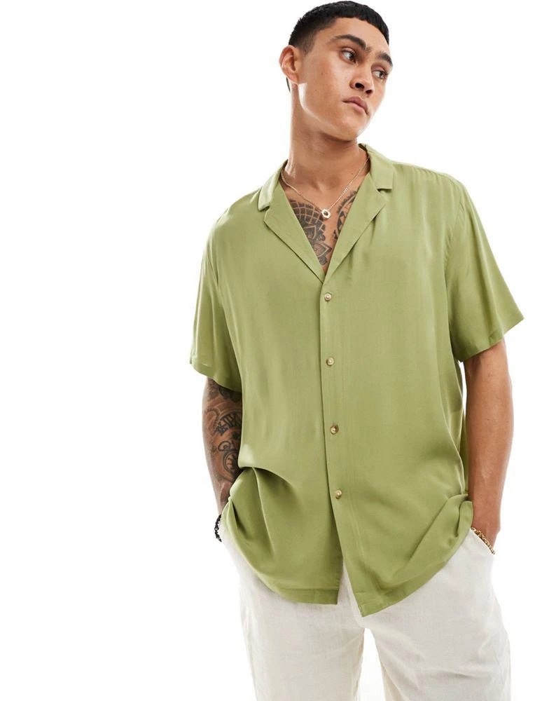 ASOS ASOS DESIGN relaxed fit viscose shirt with low revere collar in olive green 3