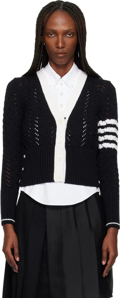 Thom Browne Black Cable Pointelle Stitch Merino Wool 4-Bar Cardigan 1