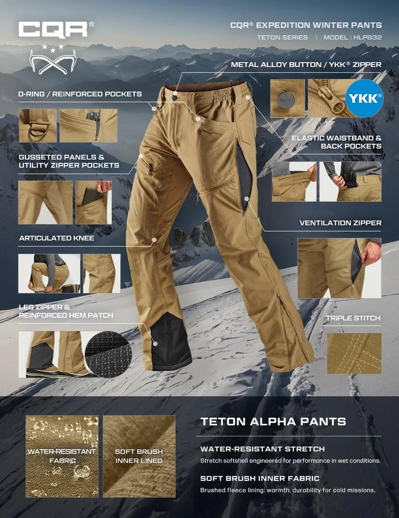 CQR CQR Men’s Softshell Fleece Lined Winter Hiking Pants, Water Resistant Insulated Thermal, Outdoor Tactical Warm Snow Ski Pants 7