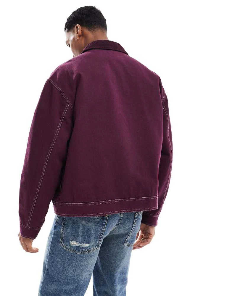 ASOS ASOS DESIGN boxy oversized cord collar harrington jacket with contrast stitch in burgundy 2