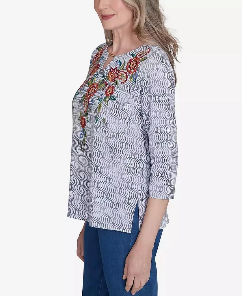 Alfred Dunner Petite Harvest Moon Textured Floral Embroidered Split Neck Top 3