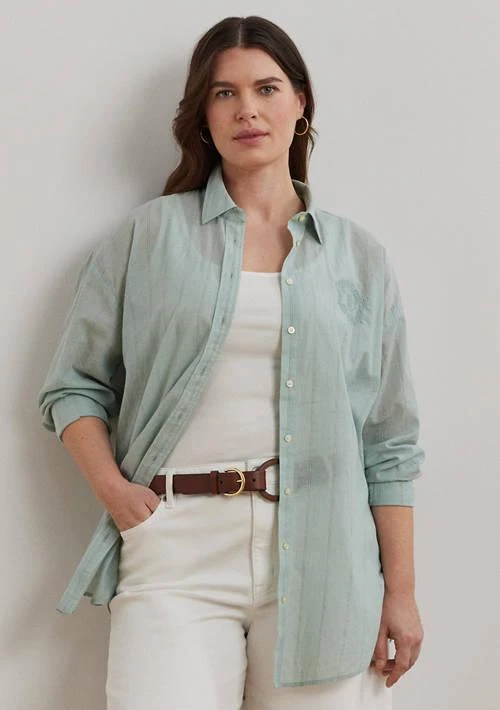 Ralph Lauren Plus Size Oversize Striped Cotton Voile Shirt