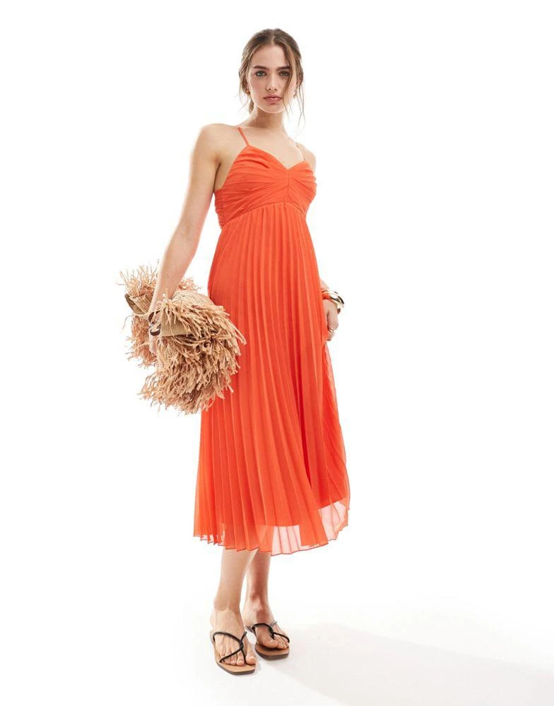 ASOS ASOS DESIGN pleated bodice strappy pleat midi dress with tie back detail in coral 3
