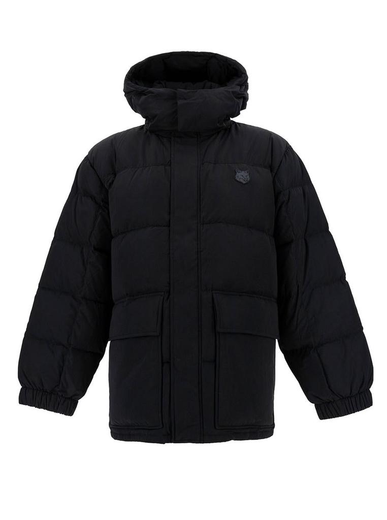 Maison Kitsune Black Long Down Jacket With High Neck And Fox Head Patch In Nylon Woman