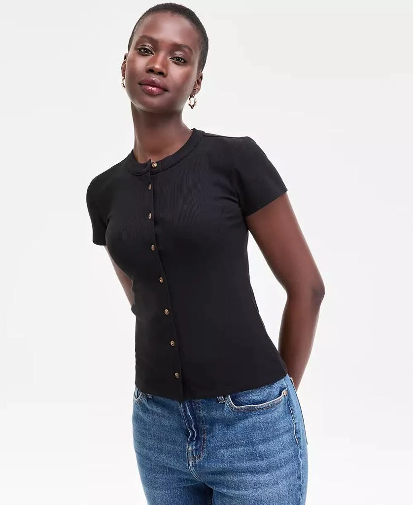 On 34th Women's Rib-Knit Short-Sleeve Button Front Top, Exclusively at Macy's 1