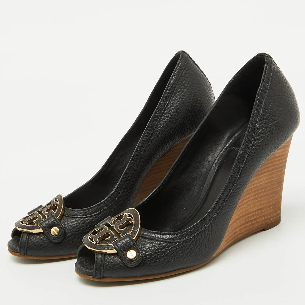 Tory Burch Tory Burch Black Leather Logo Peep Toe Wedge Pumps Size 38 2