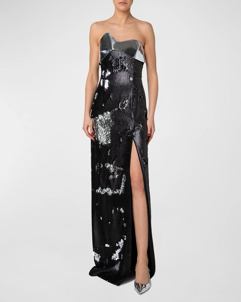 Akris Leather-Wave Strapless Bicolor Sequined Slit Gown 2