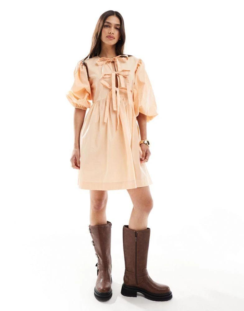 ASOS ASOS DESIGN bow tie front mini smock dress in peach fuzz 4