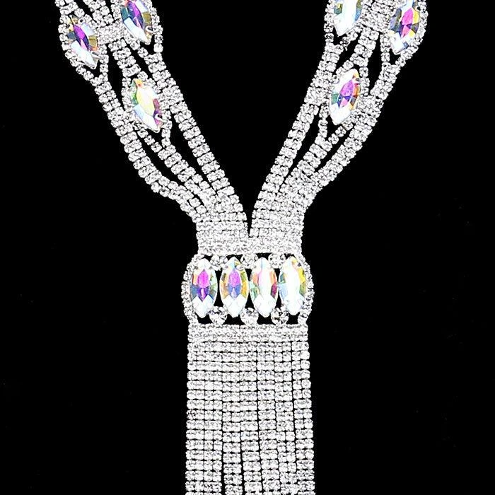 FASHNZFAB Rhinestone Trim Crystal Oval Fringe Necklace 2