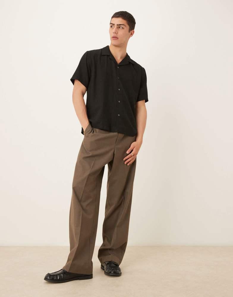 Abercrombie & Fitch Abercrombie & Fitch textured linen collar detail short sleeve shirt in black