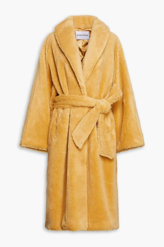 STAND STUDIO Zoey belted faux shearling coat 1