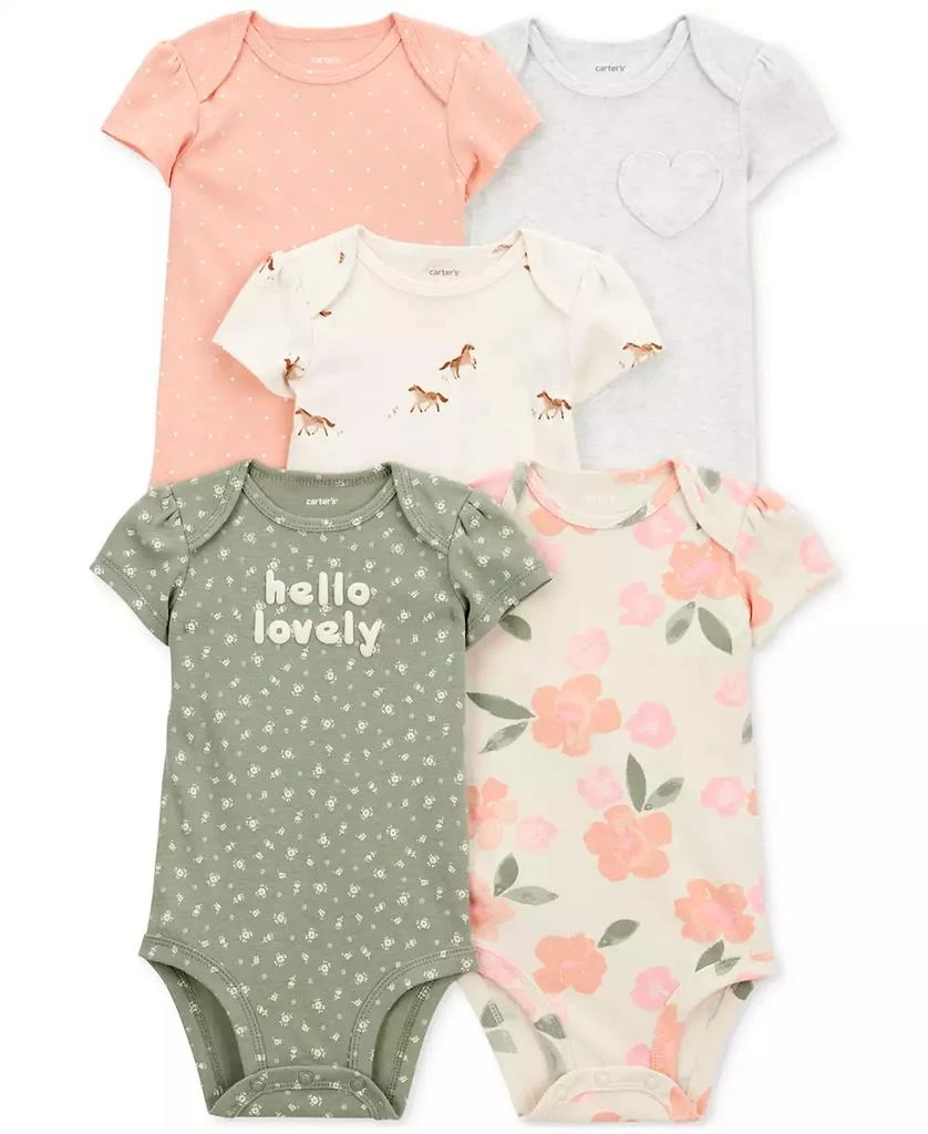 Carter's Baby Girls Floral Horses Short-Sleeve Cotton Bodysuits, 5 Pack 1