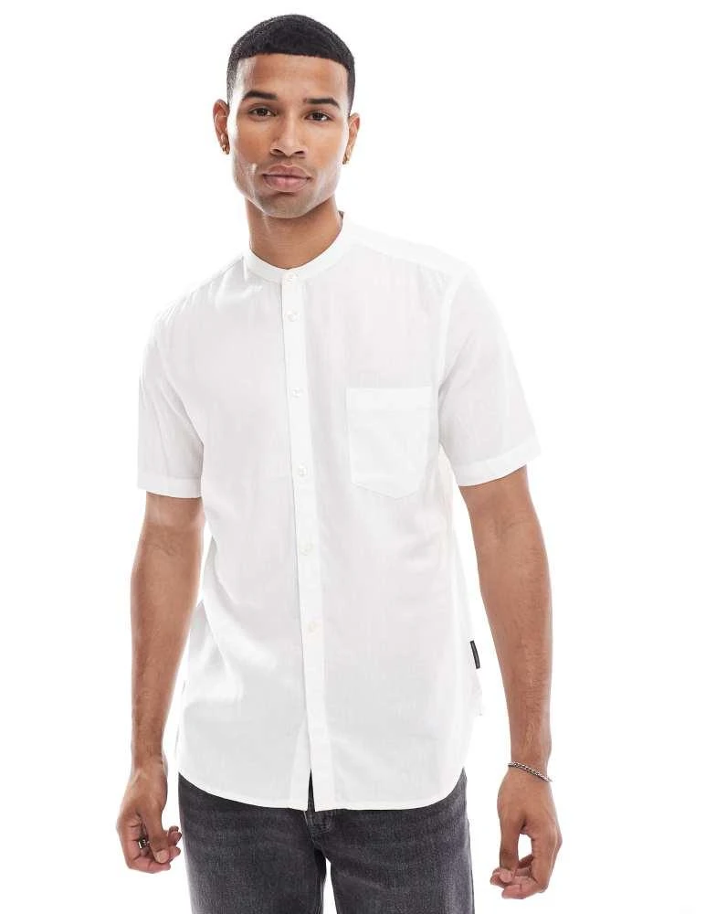French Connection Mens French Connection short sleeve grandad collar linen shirt in white 1