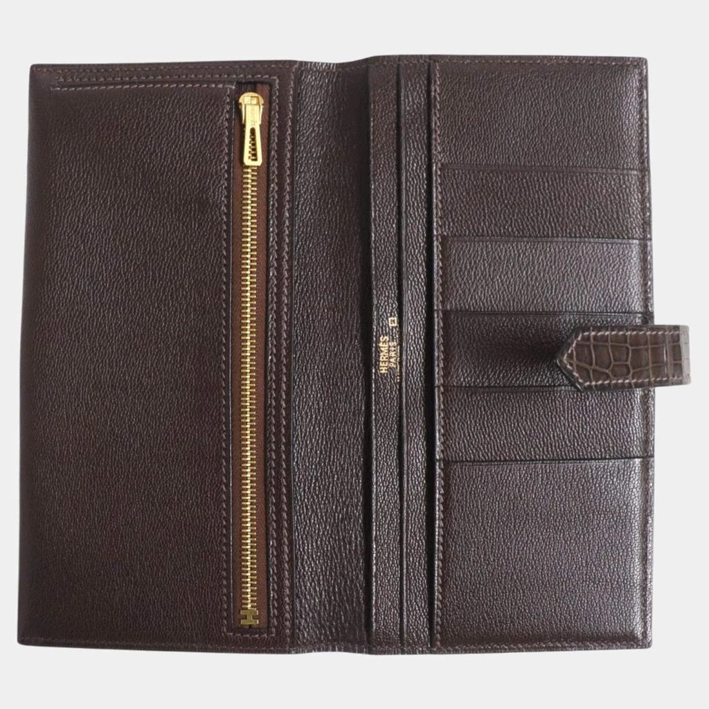 Hermes Hermes Bearn Alligator Leather Bi-fold Wallet Brown Leather 2