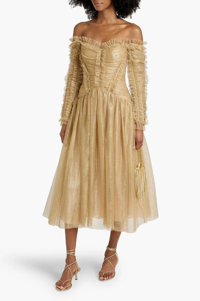 Zimmermann Off-the-shoulder ruched metallic tulle midi dress 2