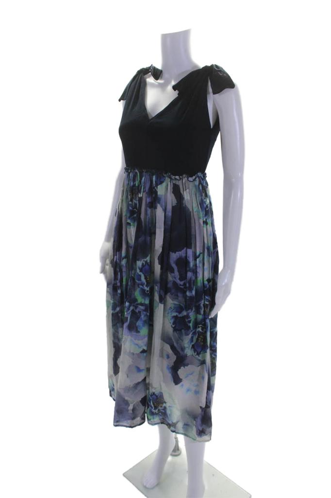 FUZZI Womens Sleeveless Floral Midi Empire Waist Dress Navy Blue Gray