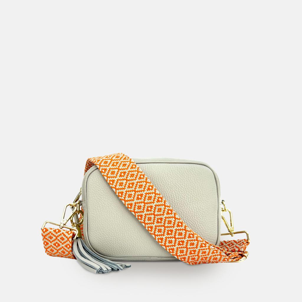Apatchy London Light Grey Leather Crossbody Bag With Orange Cross-Stitch Strap