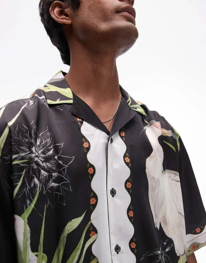 Topman Topman short sleeve satin heron shirt in black 4