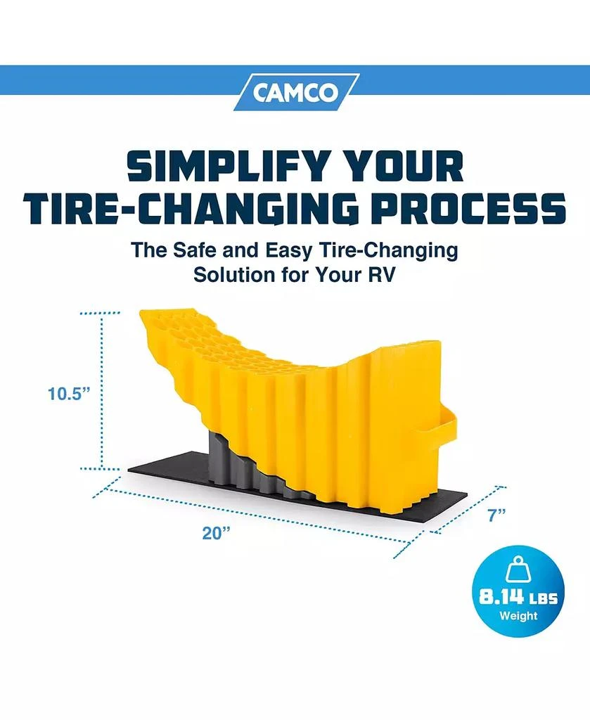 Camco Curved Trailer Aid with Chock 
Pad, 6.5" Lift for Tandem Trailer, Yellow 3