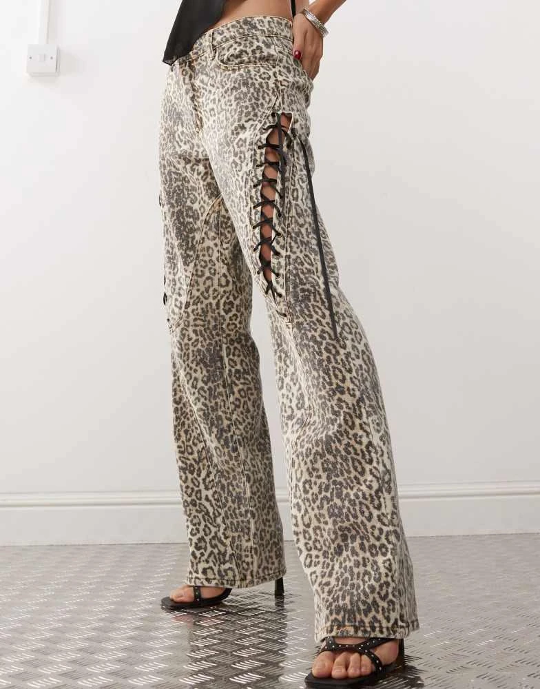 Lioness Lioness lace up ribbon jean in faded leopard print 5