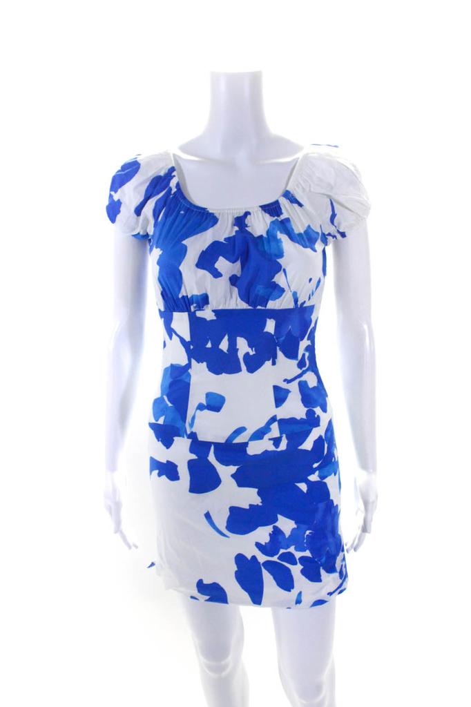 CAROLINE CONSTAS Womens Short Sleeves Dress White Blue
