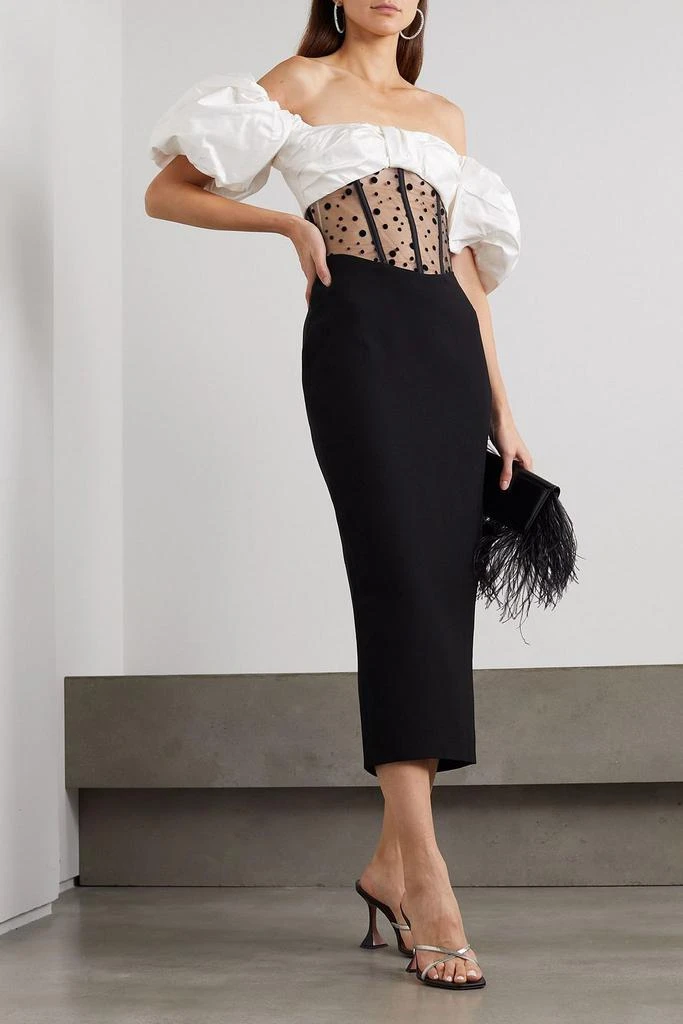 RASARIO Off-the-shoulder bow-detailed taffeta, flocked tulle and crepe midi dress 2