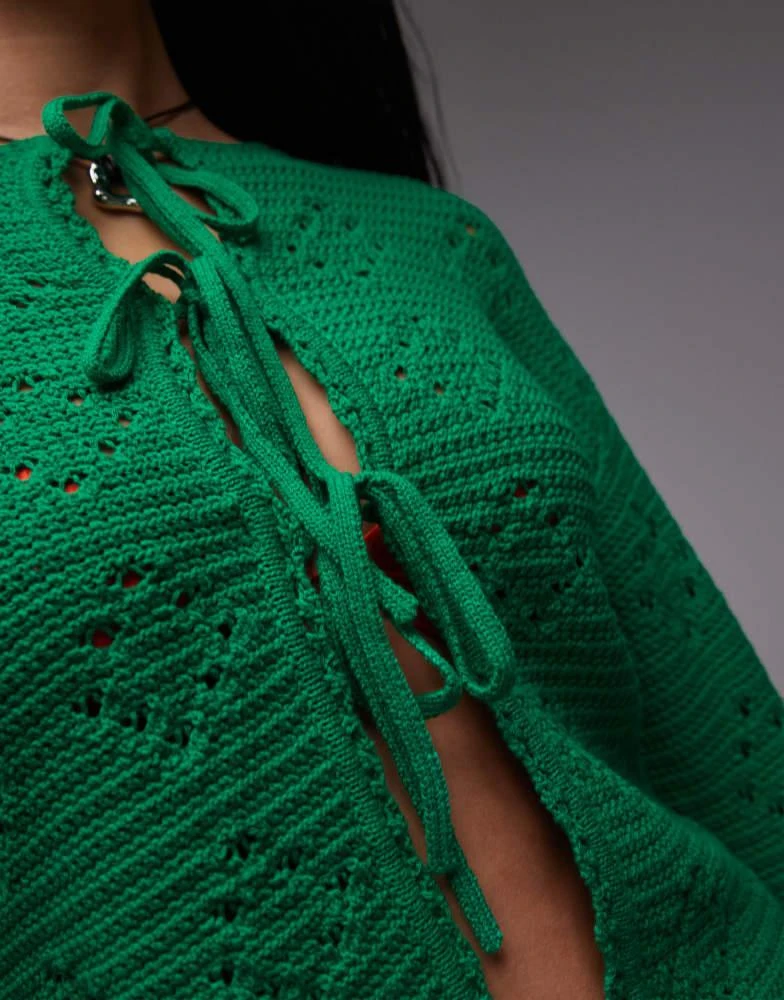 Topshop Topshop knitted pointelle tie cardi in green 3