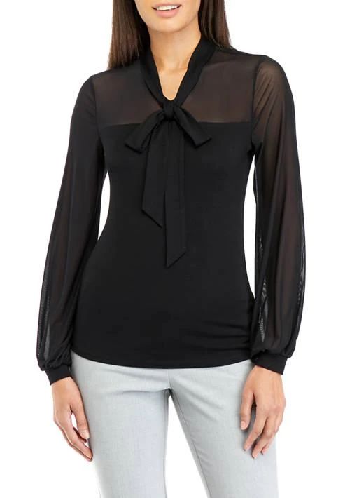 THE LIMITED Limited Womens Mesh Sleeve Tie Neck Top 1