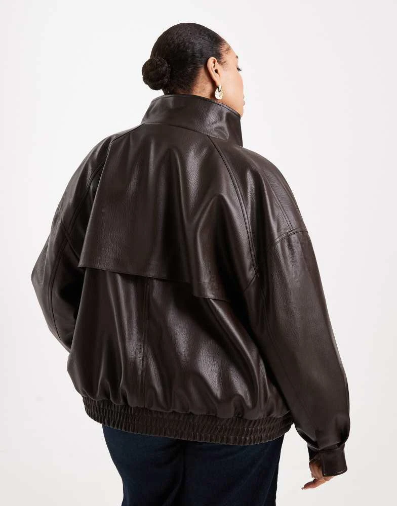 ASOS ASOS DESIGN Curve oversized leather look funnel bomber jacket in chocolate 4
