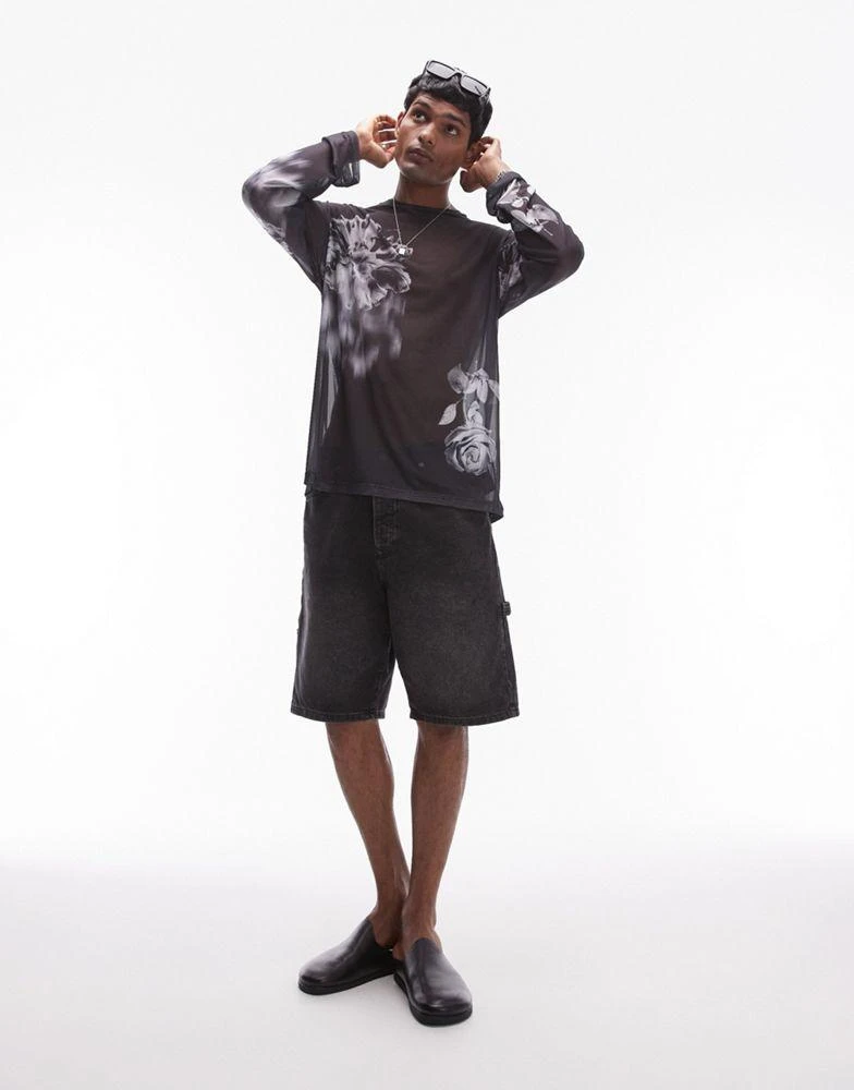 Topman Topman oversized fit long sleeve mesh t-shirt with floral print in black 2