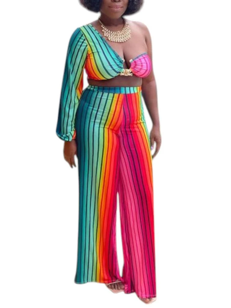Rainbow Color Rainbow Multicolor Sexy Elegant Striped Asymmetrical Crop Tops Wide Leg Pants Two Piece Sets(Rainbow Color/M) Rainbow Color Rainbow Multicolor Sexy Elegant Striped Asymmetrical Crop Tops Wide Leg Pants Two Piece Sets(Rainbow Color/M)