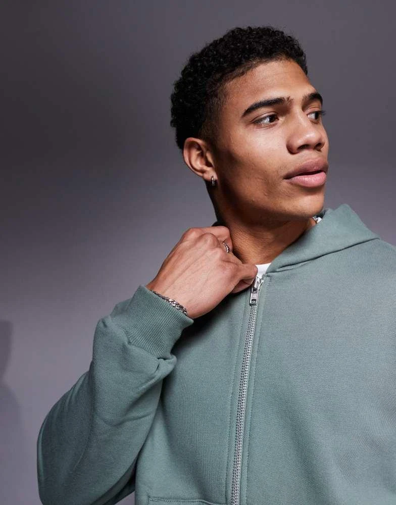 ASOS ASOS DESIGN premium heavyweight boxy oversized zip through hoodie 400gsm in mid green - KHAKI 3