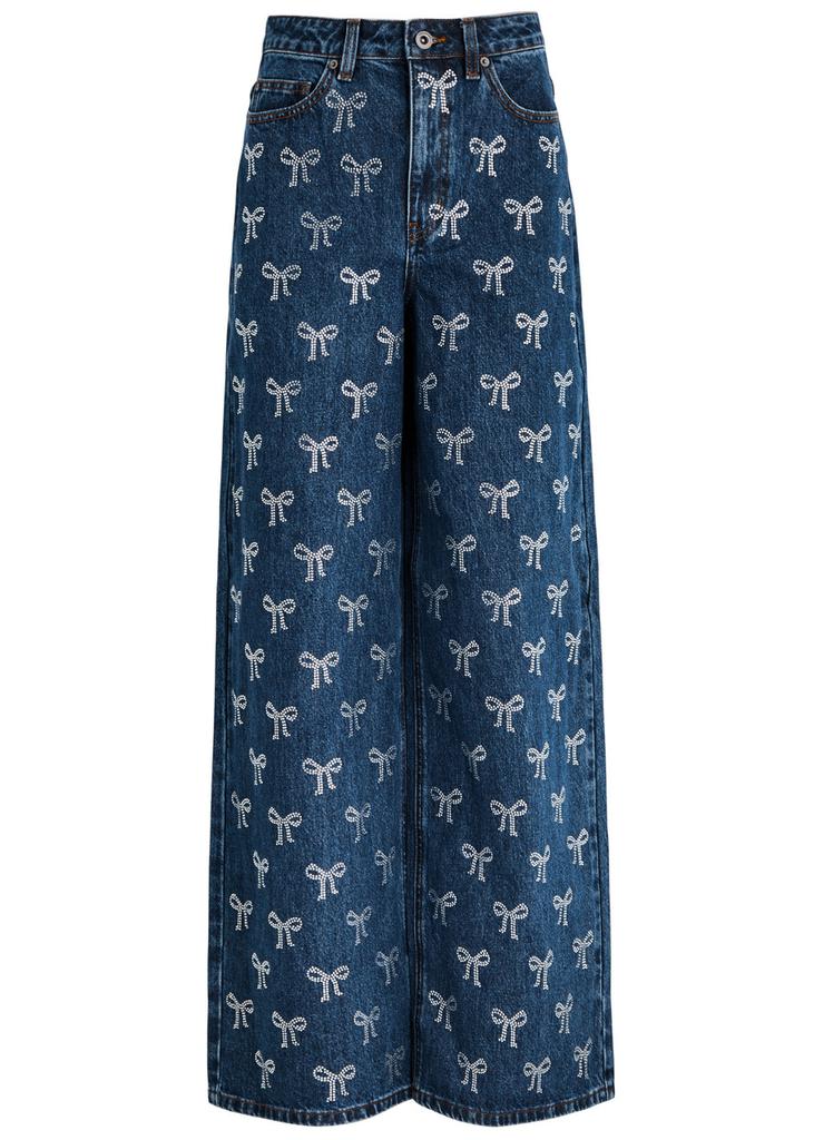 Self Portrait Bow-embellished wide-leg jeans