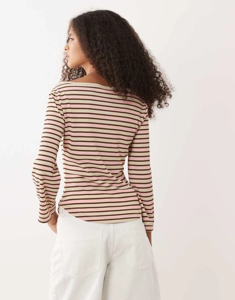 ASOS ASOS DESIGN boatneck angel sleeve top with binding detail in chocolate and light pink stripe 4