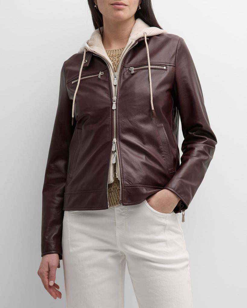 Eleventy Hooded Zip-Front Leather Biker Jacket