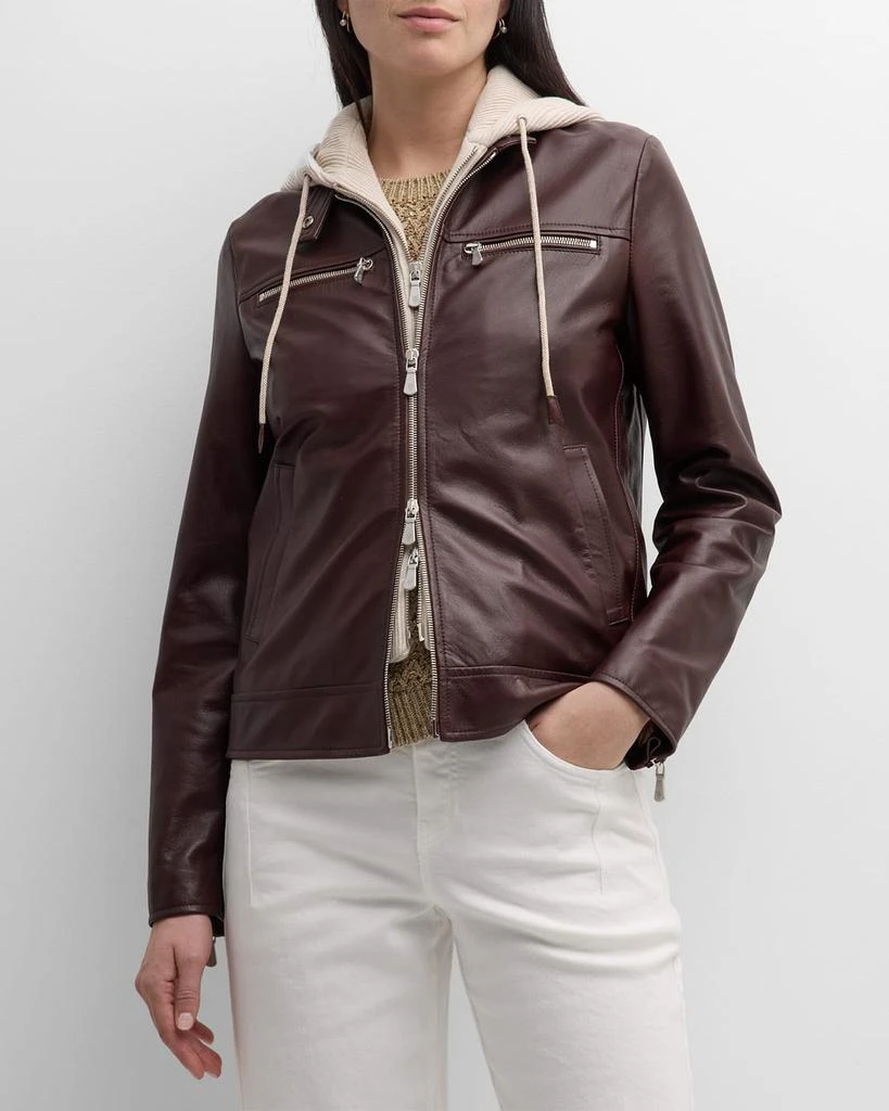 Eleventy Hooded Zip-Front Leather Biker Jacket 1