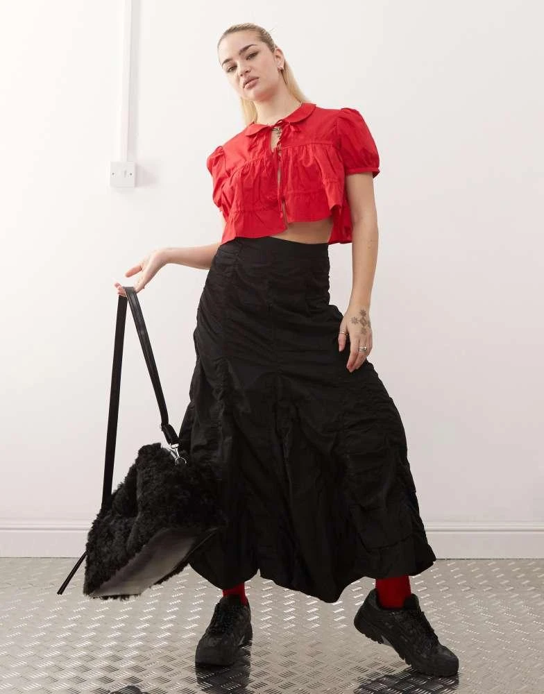 Monki Monki cotton poplin peplum tie shirt top with collar and front tie up detail in red 2