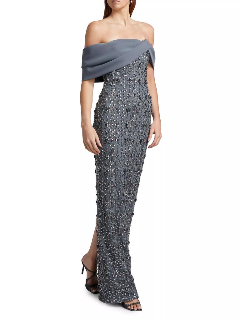 Pamella Roland Crystal-Embellished Tulle Off-The-Shoulder Gown