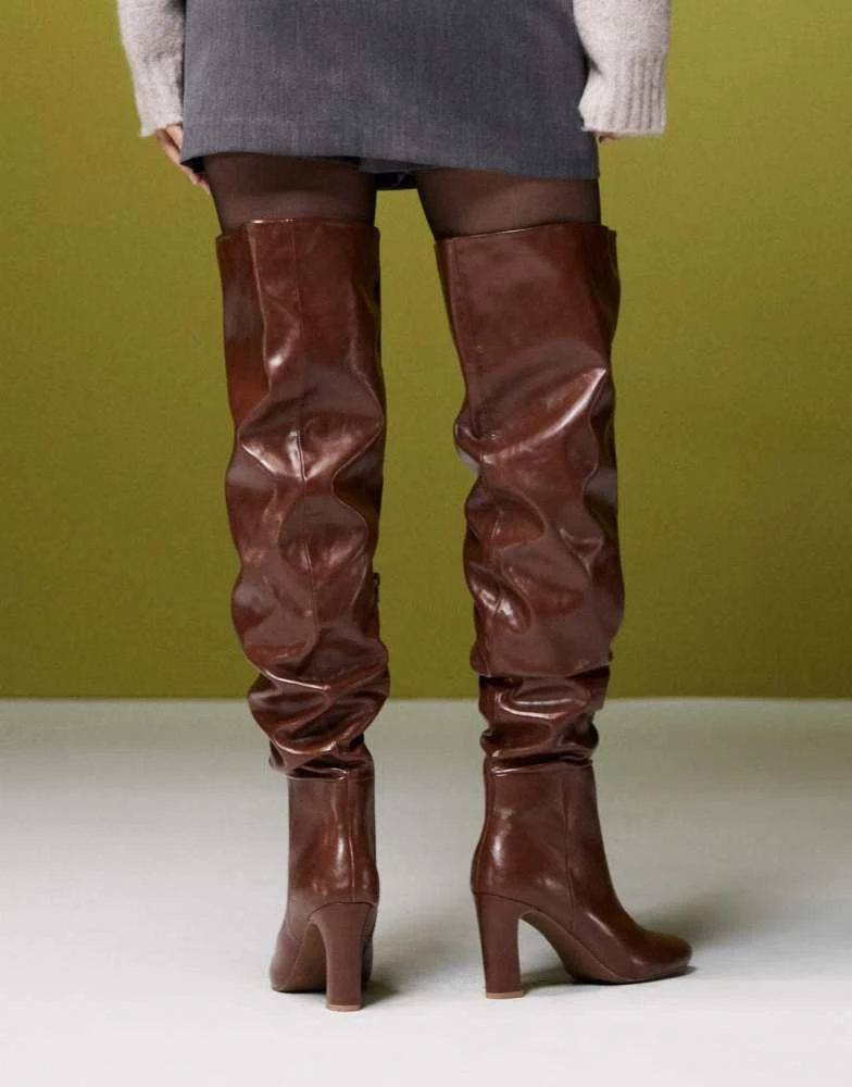ASOS ASOS DESIGN Kaia block heeled ruched over the knee boots in tan 4