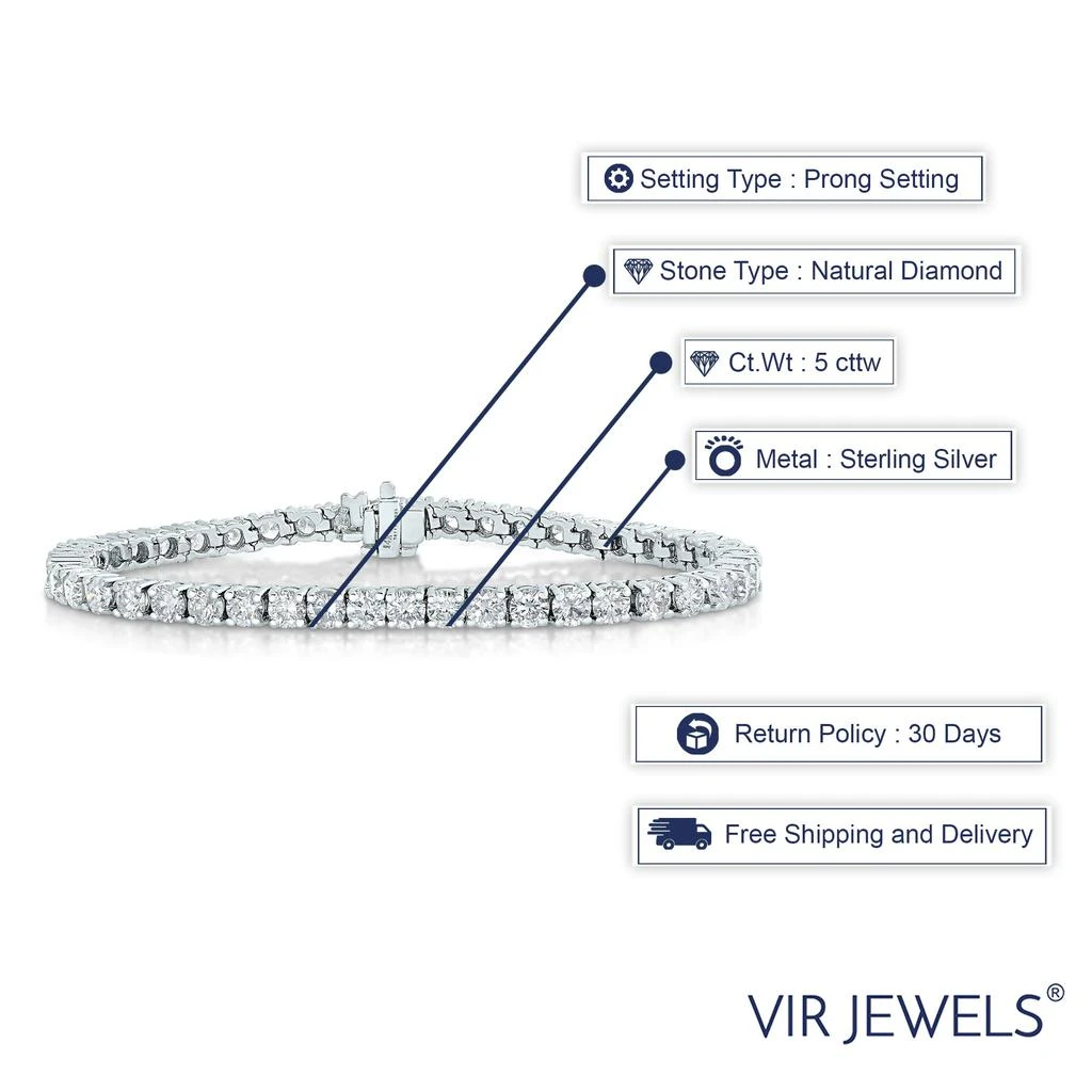 Vir Jewels 5 cttw Diamond Bracelet 14K White Gold Classic Tennis Round Prong Set 7 Inch 5
