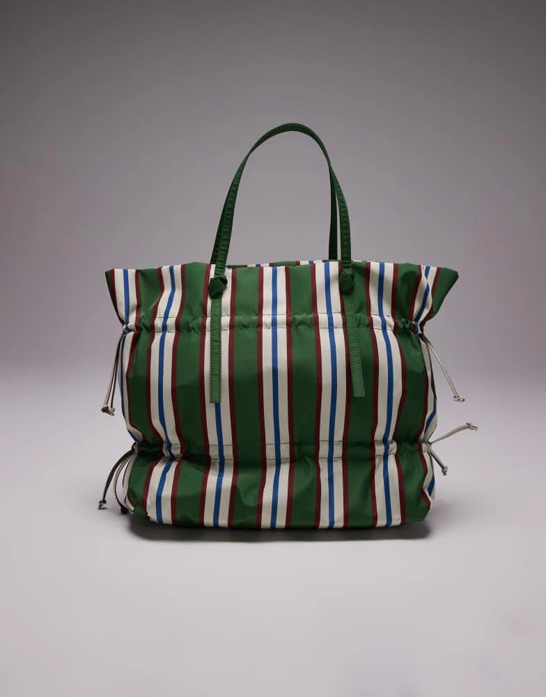 Topshop Topshop Tino nylon ruched tote bag in green stripe 2