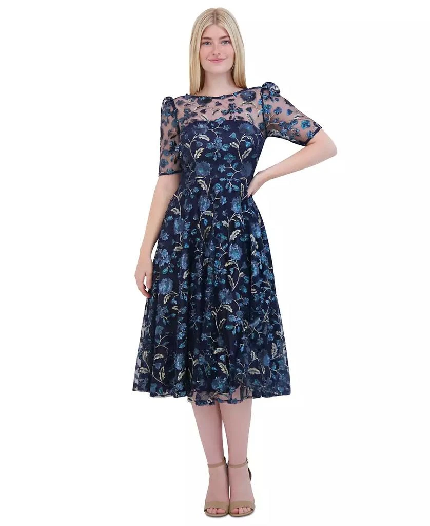 Eliza J Petite Boat-Neck Floral-Sequin Midi Dress 1