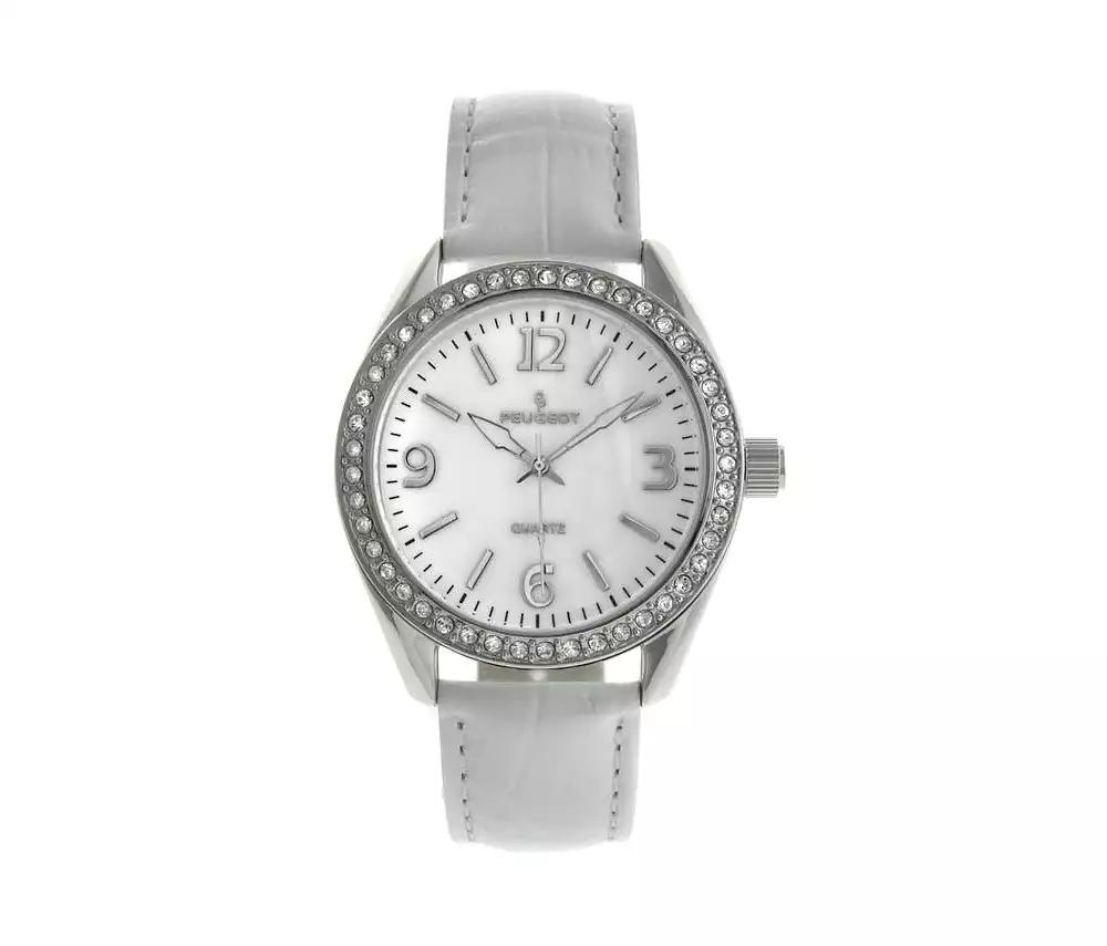 Peugeot Women's White Watch 40mm Bold Crystal Bezel Leather Strap