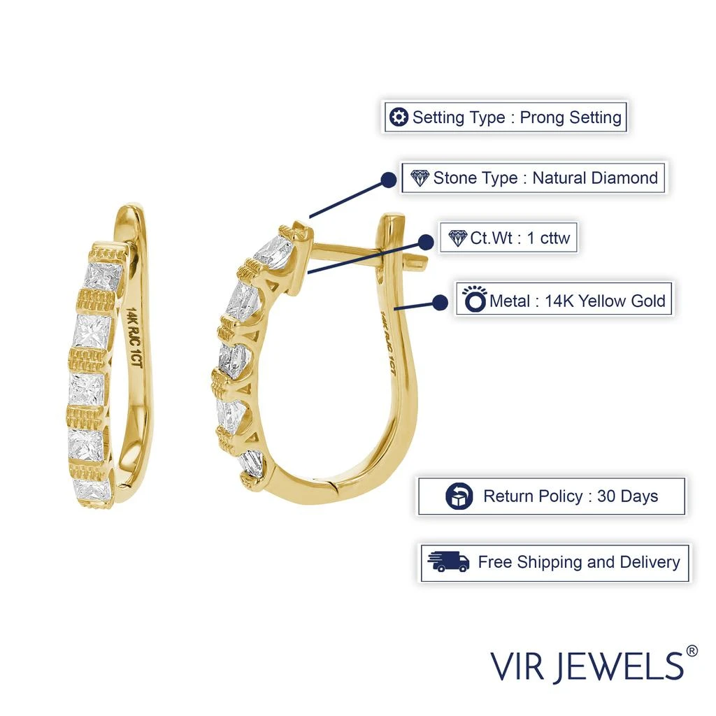 Vir Jewels 1 cttw Princess Diamond Hoop Earrings 14K Yellow Gold Milgrain Prong Set 3/4 Inch 5