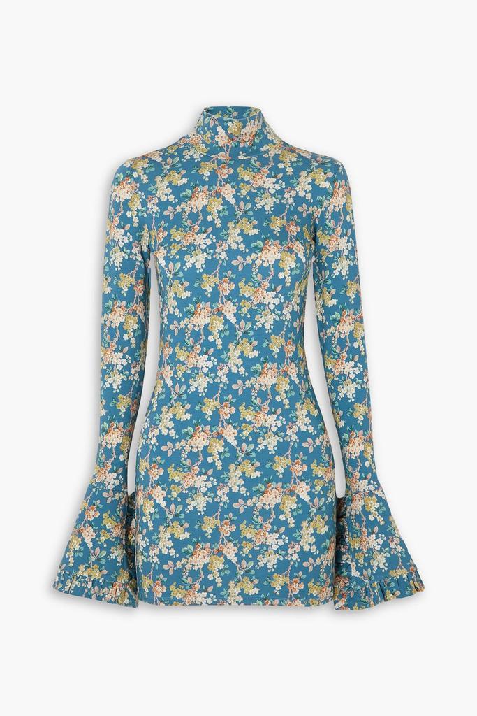 LES RÊVERIES Open-back ruffled floral-print stretch-jersey turtleneck mini dress
